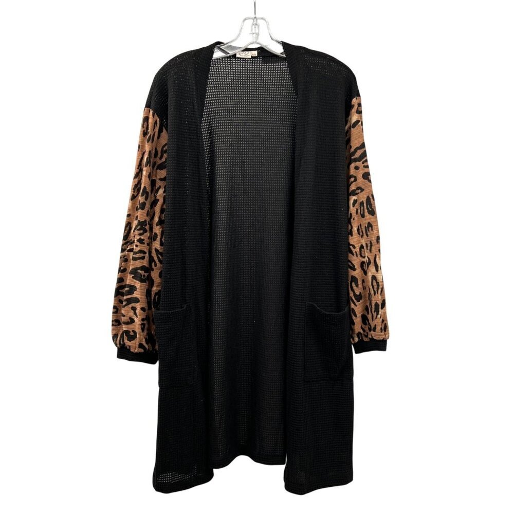 Grace & Emma Waffle Knit Cardigan Long Leopard Sleeves Black/Multi Size XL/2XL